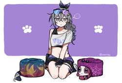  ... animalization bandaid bandaid_on_arm bandaid_on_leg black_gloves black_shorts blade_(honkai:_star_rail) blade_(sesame_cake)_(honkai:_star_rail) closed_mouth critter_pick_(honkai:_star_rail) emne feline female fingerless_gloves gloves goggles goggles_on_head grey_eyes grey_hair hair_between_eyes honkai:_star_rail honkai_(series) jitome kafka_(honkai:_star_rail) kafka_(shader_cat)_(honkai:_star_rail) long_hair looking_at_viewer midriff navel shirt shorts silver_wolf_(honkai:_star_rail) single-shoulder_shirt single_bare_shoulder sitting speech_bubble spoken_ellipsis thigh_strap white_shirt 