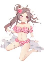  :o absurdres animal_ears antenna_hair arknights bikini blush breasts brown_hair eyjafjalla_(arknights) eyjafjalla_(summer_flower)_(arknights) female flower hair_flower hair_ornament hair_rings highres horns long_hair looking_at_viewer navel off-shoulder_bikini off_shoulder official_alternate_costume pink_bikini pink_eyes pink_flower plaid plaid_bikini q.y._(fdtyh) sheep_ears sheep_girl sheep_horns simple_background sitting small_breasts solo stomach swimsuit wariza white_background 