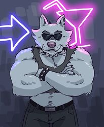  anthro belt bottomwear bouncer bouncer_brad_(we_baby_bears) bracelet canid canine canis cartoon_network clothed clothing crossed_arms eyebrows eyewear glasses jewelry male mammal muscular muscular_anthro muscular_male pants ruffus_woofus shirt solo spiked_bracelet spikes teeth topwear we_baby_bears we_bare_bears wolf 