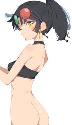  3d_glasses absurdres an-an_lee ass bare_arms black_bra black_choker black_hair blush bottomless bra choker commentary_request earrings female highres hoop_earrings jewelry looking_at_viewer looking_back parted_lips ponytail rasusurasu reverse:1999 simple_background solo underwear white_background yellow_eyes 