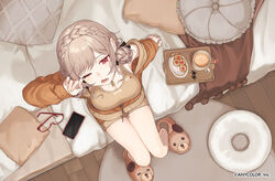  animal_print armpits bed braid breasts brown_hair brown_tank_top cellphone cleavage coffee_mug cookie cup double_bun female food french_braid from_above furen_e_lustario furen_e_lustario_(5th_costume) hair_bun jacket jewelry large_breasts looking_at_viewer mug necklace nijisanji off_shoulder official_alternate_costume official_alternate_hairstyle official_art one_eye_closed open_mouth orange_jacket phone pillow plate red-framed_eyewear red_eyes ryou_(rl) shorts sidelocks sitting slippers smartphone solo tank_top tray virtual_youtuber 