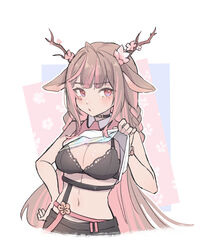  absurdres ahoge animal_ears antlers black_bra black_choker bra braid breasts brown_hair choker clothes_lift deer_antlers deer_ears exitus female flower hair_flower hair_ornament hand_on_own_hip highres horns kannazuki_lubee long_hair midori_xu open_mouth pink_eyes pink_flower pink_hair shirt side_braids skirt skirt_lift sleeveless sleeveless_shirt solo underwear very_long_hair virtual_youtuber 