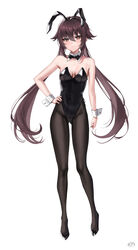  animal_ears black_nails blush breasts brown_hair female flower-shaped_pupils full_body genshin_impact highres hu_tao_(genshin_impact) long_hair looking_at_viewer rabbit_ears red_eyes ryudraw sidelocks simple_background symbol-shaped_pupils thighs twintails white_background 