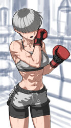  abs bike_shorts bike_shorts_under_shorts boxing_gloves breasts collarbone cowboy_shot dolphin_shorts female grey_shorts hair_over_eyes medium_breasts monochrome_background muscular muscular_female navel open_mouth original rggr shorts solo stomach sweat thighs toned 