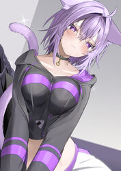  absurdres ahoge animal_ear_fluff animal_ears black_choker black_hoodie blush breasts breasts_squeezed_together buttons cat_ears cat_girl cat_tail choker closed_mouth commentary couch cropped_hoodie double-breasted double-parted_bangs ears_down embarrassed female from_below hair_between_eyes hair_intakes highres hololive hood hood_down hoodie kamioka_shun&#039;ya long_sleeves looking_at_viewer looking_down midriff nekomata_okayu nekomata_okayu_(1st_costume) onigiri_print pants purple_eyes short_hair solo sparkle tail tearing_up v_arms virtual_youtuber white_pants 