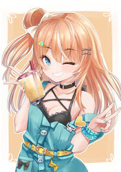  black_choker blonde_hair blue_eyes blue_nails choker drink earrings female gaichi grin hair_bun hair_ornament highres holding holding_drink igarashi_rika igarashi_rika_(1st_costume) jewelry long_hair multicolored_hair nijisanji one_eye_closed scrunchie single_side_bun smile solo star_(symbol) star_hair_ornament streaked_hair v virtual_youtuber white_hair wrist_scrunchie 