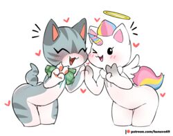  angel anthro blush bow_tie claws closed_eyes countershading domestic_cat duo english_text equid equine fangs felid feline felis fur gesture grey_body grey_fur hair halo hand_gesture hand_holding hanuvo heart_symbol hi_res horn hybrid looking_at_viewer lost_ark mammal multicolored_body multicolored_fur multicolored_hair multicolored_horn multicolored_tail mythological_creature mythological_equine mythology one_eye_closed patreon pawpads paws rainbow_body rainbow_fur rainbow_hair rainbow_horn rainbow_tail simple_background smile striped_body striped_fur stripes tail teeth text unicorn v_sign white_background white_body white_fur wings wink 