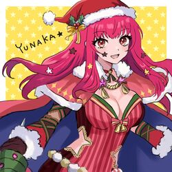  blue_cape bodysuit breasts cape christmas clothing_cutout facial_mark female fire_emblem fire_emblem_engage fire_emblem_heroes hair_ornament hat highres holly_hair_ornament multicolored_cape multicolored_clothes official_alternate_costume red_bodysuit red_cape santa_hat side_cutout solo star_(symbol) star_facial_mark star_hair_ornament star_print yunaka_(fire_emblem) yunaka_(fire_emblem)_(spirited_envoy) yuurururun 