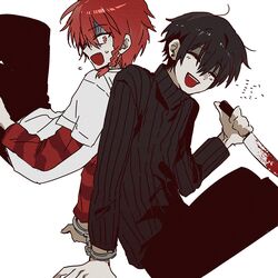  2boys allsu_official black_hair black_pants black_sweater blood blood_on_knife braid closed_eyes cuffs grey_shirt handcuffs highres holding holding_knife knife maeno_aki male_focus multiple_boys oerba_yun_fang open_mouth pants red_eyes red_hair shared_handcuffs shirt short_hair simple_background smile sweater teeth tsugino_haru turtleneck turtleneck_sweater zeno_(game) 