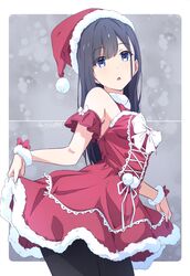  :o black_hair black_pantyhose blue_eyes breasts christmas commentary_request dated dress female grey_background hat highres long_hair medium_breasts monai-chan_(nii_manabu) nii_manabu original pantyhose red_dress red_hat santa_costume santa_hat signature solo wrist_cuffs 