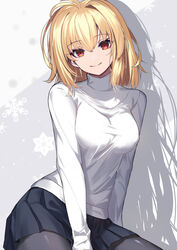  arcueid_brunestud black_pantyhose black_skirt blonde_hair blush breasts female large_breasts long_sleeves looking_at_viewer neko_daruma pantyhose red_eyes short_hair skirt smile solo sweater tsukihime turtleneck turtleneck_sweater white_sweater 