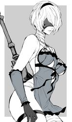  2b_(nier:automata) absurdres bandage_on_neck bandages bandaid bandaid_on_leg bare_shoulders blindfold breasts closed_mouth commentary_request cosplay female frills gloves grey_background greyscale hair_ornament hairband highres kaine_(nier) kaine_(nier)_(cosplay) lips medium_breasts mole mole_under_mouth monochrome negligee nier nier:automata nier_(series) nishiii26miii short_hair sleeveless thighhighs thighs weapon 