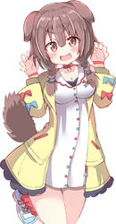  absurdres animal_ears blush brown_eyes brown_hair collar commentary dog_ears dog_girl dog_tail dress female highres hololive inugami_korone inugami_korone_(1st_costume) jacket looking_at_viewer open_mouth paw_pose red_collar red_socks shoes short_dress smile socks tail umberblack virtual_youtuber white_background white_dress white_footwear yellow_jacket 