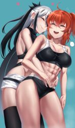  2girls abs absurdres ahoge bare_shoulders black_buruma black_hair black_sports_bra black_thighhighs breasts buruma cleavage closed_eyes cojohn collarbone fate/grand_order fate_(series) fujimaru_ritsuka_(female) hair_between_eyes hands_on_another&#039;s_stomach heart highres hug long_hair multicolored_hair multiple_girls muscular muscular_female nagao_kagetora_(fate) navel one_side_up open_mouth orange_hair scrunchie short_hair shorts side_ponytail sidelocks smile sports_bra thighhighs thighs toned two-tone_hair uesugi_kenshin_(fate) uesugi_kenshin_(second_ascension)_(fate) white_hair white_shorts yellow_scrunchie yuri 