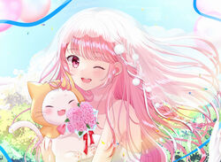  absurdres animal balloon blush bouquet braid day feline female flower highres holding holding_animal long_hair looking_at_viewer nikki_(miracle_nikki) nikki_(series) one_eye_closed open_mouth outdoors pink_eyes pink_hair ribbon ribbon_braid rooibos rose shining_nikki sky solo strapless veil very_long_hair 