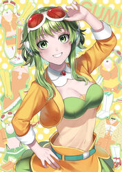  absurdres adjusting_eyewear arm_up belt blush breasts brooch character_name cleavage cropped_jacket detached_collar eyewear_on_head female goggles goggles_on_head green_eyes grin gumi gumi_(ai_megpoid) hand_on_eyewear hand_on_own_hip headphones highres jewelry long_sleeves looking_at_viewer nail_polish nil_(pixiv_53614557) polka_dot polka_dot_background red-tinted_eyewear see-through see-through_shirt shirt short_hair_with_long_locks skirt smile solo strapless tinted_eyewear tube_top underboob vocaloid 