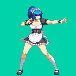  abs alternate_costume aoi_ship apron black_dress blue_eyes breasts cleavage dress earrings female frilled_apron frills jewelry large_breasts leona_heidern long_hair maid maid_apron maid_headdress muscular muscular_female pixel_art ponytail puffy_short_sleeves puffy_sleeves short_sleeves simple_background snk snk_heroines:_tag_team_frenzy solo the_king_of_fighters waist_apron white_apron wrist_cuffs 