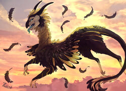  2018 absurd_res ambiguous_gender black_sclera brown_body brown_feathers cloud detailed_background digitigrade feathered_crest feathered_wings feathers feral fero_(rizent) flying head_crest hi_res horn leg_markings light long_neck loose_feather markings open_mouth outside portrait rizent side_view sky skyscape small_wings socks_(marking) solo spread_wings sunlight tail tail_tuft tan_body tan_feathers tan_stripes teal_eyes teal_tongue tongue tongue_out tuft unknown_species wings 