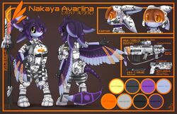  2023 3_fingers 4_ears absurd_res anthro arm_out arm_outstretched armor armored_boots avali avali_logo avali_scratch_(text) avalon_(avali_homeworld) avian bayonet big_breasts big_head black_claws black_sclera bottomwear breasts camo camo_bottomwear camo_clothing camo_print camo_shorts camo_topwear character_name claws clothed clothed_anthro clothed_female clothing color_swatch cybernetic_wing cybernetics ear_piercing ear_ring english_text feather_hair feathered_wings feathers feet female female_(lore) female_anthro fingers front_pack front_view grey_camo grey_clothing gun hair hand_on_hip handgun headgear helmet hi_res information knife logo looking_at_viewer machine melee_weapon model_sheet multi_ear nakaya_avarlina orange_background pattern_bottomwear pattern_clothing pattern_shorts pattern_topwear pento_katsuwa piercing pistol polearm pseudo_hair purple_body purple_feathers purple_hair purple_spots purple_tail ranged_weapon rear_view rifle ring_piercing shorts simple_background solo spear spots standing tail text topwear visor_helmet weapon white_camo white_clothing winged_arms wings y2k_(graphic_design) yellow_eyes 