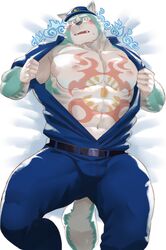  1boy abs animal_ears bara blue_headwear blue_pants blue_shirt blush dog_boy dog_ears dog_tail fangs furry furry_male hat highres large_pectorals looking_at_viewer lying male_focus oguchi_magami on_back on_bed open_mouth pants pectorals police police_hat police_uniform shirt sv_grart sweatdrop tail tokyo_afterschool_summoners undressing uniform 