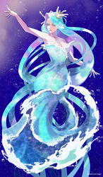  absurdres blue_dress blue_eyes blue_hair caustics colored_eyelashes comb_over commentary cookie_run coral_hair_ornament dress earrings female full_body full_moon highres humanization jewelry liquid_clothes liquid_hair long_hair looking_at_viewer mermaid_dress moon motion_blur nekoyasiki33 parted_lips pearl_earrings pearl_hair_ornament sea_fairy_cookie sky solo star_(sky) starry_sky strapless strapless_dress water_dress 