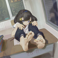  absurdres aqua_nails arknights aspirine4832 barefoot black_hair black_pants blue_eyes blue_hairband book chair chalkboard collared_shirt desk double-parted_bangs dutch_angle eunectes_(arknights) eyelashes feet feet_on_table female foot_focus foreshortening greek_toe hairband hands_on_own_knees highres indoors looking_at_viewer nail_polish pants school_chair school_desk school_uniform shadow shirt sitting soles solo toenail_polish toenails toes tongue tongue_out white_shirt window yellow_nails 