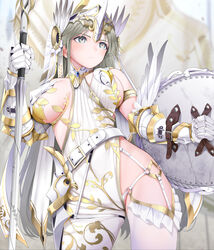  asymmetrical_clothes asymmetrical_legwear belt belt_buckle blue_gemstone breasts buckle closed_mouth commentary_request fed_(giba) female gauntlets gem gold_trim green_eyes green_hair head_wings headgear highres holding holding_shield holding_sword holding_weapon large_breasts legs_apart long_hair o-ring one_breast_out original revealing_clothes shield single_pantsleg single_thighhigh standing sword thighhighs very_long_hair weapon white_belt wings 