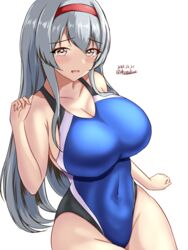  black_one-piece_swimsuit blue_one-piece_swimsuit blush breasts brown_eyes competition_swimsuit covered_navel cowboy_shot dated female hairband headband highleg highleg_swimsuit highres kantai_collection large_breasts long_hair looking_at_viewer montemasa one-hour_drawing_challenge one-piece_swimsuit shoukaku_(kancolle) simple_background smile solo swimsuit twitter_username two-tone_swimsuit white_background white_hair 