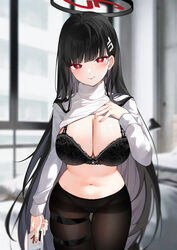  absurdres black_bra black_hair black_pantyhose blue_archive blurry blurry_background bra breasts bright_pupils card cleavage closed_mouth clothes_lift commentary cowboy_shot female fingernails hair_ornament hairpin halo highres holding holding_card id_card large_breasts lifting_own_clothes long_hair long_sleeves looking_at_viewer navel pantyhose red_eyes revision rio_(blue_archive) solo stomach sweater sweater_lift thigh_gap turtleneck turtleneck_sweater underwear white_pupils white_sweater yukineko1018 