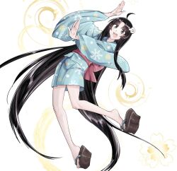  :d absurdly_long_hair ahoge aqua_kimono araragi_tsukihi arm_up bare_legs black_hair blush egg_hair_ornament female food-themed_hair_ornament full_body grey_eyes hair_ornament highres japanese_clothes kimono legs long_hair long_sleeves looking_at_viewer maeyakara000 monogatari_(series) obi okobo open_mouth parted_bangs platform_footwear print_kimono red_sash sandals sash short_kimono smile snowflake_print solo teeth toenails toes upper_teeth_only very_long_hair white_background wide_sleeves 