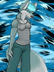 2014 3:4 abstract_background anthro blue_hair breasts canid canine canis clothed clothing female fenni frozen_over fur hair looking_at_viewer mammal multi_tail shirt simple_background solo tail tank_top topwear wolf