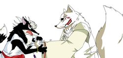 angry anthro big_tail black_body black_fur canid canine canis clothing clothing_pull digital_media_(artwork) duo fight fox fur gin_(pixiv) gingitsune gintaro kemono male mammal shirt shirt_pull size_difference tail tetsuro topwear topwear_pull white_body white_fur wolf