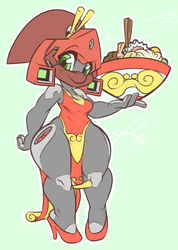 android clothing cybernetics cyborg female food footwear high_heels humanoid looking_at_viewer machine narutomaki noodles not_furry pizzacat proxy_(pizzacat) ramen robot shoes solo standing stirrup_(marking) thick_thighs wide_hips