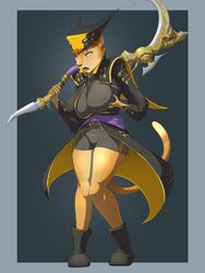 2014 3:4 angry anthro big_breasts biped black_nose blush boots bottomwear breasts chrono_cross clothed clothing felid feline female footwear fur hair hat headgear headwear hi_res holding_object holding_weapon jacket littlenapoleon looking_down lynx lynx_(chrono_cross) mammal open_mouth orange_body orange_fur orange_hair short_hair shorts solo standing topwear weapon yellow_body yellow_fur