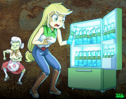 2014 abstract_background applejack_(eg) blonde_hair bottle closed_eyes container crossover dancing duo equestria_girls eyewear fallout female granny_smith_(eg) green_eyes hair hasbro heart_symbol human humor long_hair mammal medicine microsoft my_little_pony nuka-cola nuka-cola_quantum potion simple_background smile surprise uotapo water