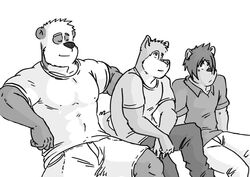 anthro bear big_muscles canid canine canis domestic_cat domestic_dog felid feline felis flexing garret_(rain-yatsu) giant_panda greyscale group hi_res husky husky92 male mammal monochrome muscular muscular_male nordic_sled_dog rainier_(rain-yatsu) seattle_fur spitz tim_(rain-yatsu)