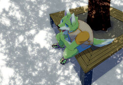 anthro basil_(pixiv) biped bodily_fluids canid canine canis clothing fur green_body green_fur kemono looking_at_viewer male mammal plant resting sitting solo sum_kemono sweat tongue tree wolf