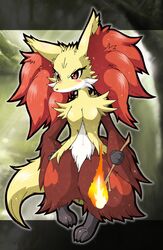 anthro blush canid canine delphox female generation_6_pokemon hi_res inner_ear_fluff mammal nintendo otama pokemon pokemon_(species) red_eyes solo tuft