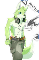 abs anthro athletic basil_(pixiv) belt biceps biped black_nose bottomwear boxers_(clothing) bracelet carpenter_jeans clothed clothing ear_piercing electronics fur green_body green_day green_eyes green_fur headphones hi_res jewelry looking_at_viewer male muscular muscular_anthro pants pecs piercing pioneer_(company) portable_music_player pose product_placement sagging solo standing sum_kemono topless underwear warning_label