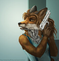 2014 anthro canid canine eosfoxx female fox gun handgun mammal pistol ranged_weapon solo weapon