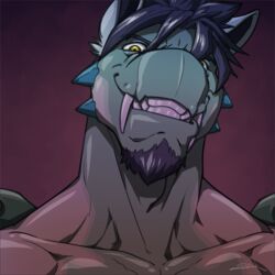 1:1 abstract_background anthro dragon facial_hair facial_spikes fangs grin looking_at_viewer low_res male muscular muscular_anthro muscular_male mythological_creature mythological_scalie mythology scalie simple_background smile solo spikes spikes_(anatomy) superslickslasher teeth