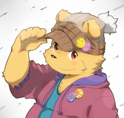 amber_eyes anthro bear clothing hat headgear headwear hinami hoodie kemono male mammal pin_button shirt smile solo tameiki_kyoudai topwear