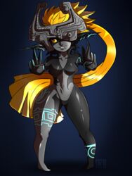 2013 3:4 5_fingers blonde_hair breasts female fingers hair hi_res humanoid midna nintendo not_furry nude renamonpaws shadow solo standing teeth the_legend_of_zelda twili twilight_princess