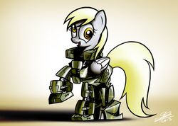 armor cutie_mark derpy_hooves dori-to equid equine feathered_wings feathers female friendship_is_magic fur grey_body grey_feathers hasbro mammal my_little_pony mythological_creature mythological_equine mythology open_mouth pegasus solo wings yellow_eyes