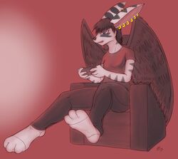 3_toes anthro black_hair blue_eyes clothing demon feathered_wings feathers feet female footwear fur hair legwear piercing sakido_elexion slightly_damned socks solo toes white_body white_fur wings yellowpower