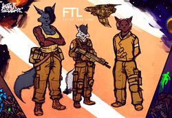 alien anthro black_body black_fur black_hair blue_body blue_fur breasts canid canine canis clothed clothing coyote dubmare english_text female fox fur group hair horn hybrid male mammal military ranged_weapon red_body red_fur ship sligar sligarthetiger space text vehicle watercraft weapon white_body white_fur wolf