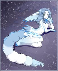 abstract_background anthro big_ears biped black_border blue_body blue_fur blue_hair border dagger_leonelli femboy fur hair long_tail looking_at_viewer lying male markings nude on_side simple_background smile solo tail unknown_species white_body white_fur