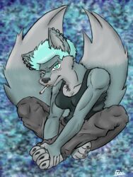 2014 3:4 abstract_background anthro blue_hair breasts canid canine canis cigarette claws clothing ear_piercing facial_piercing feet female fenni frozen_over fur green_eyes hair hindpaw lip_piercing looking_at_viewer mammal multi_tail paws piercing shirt simple_background smoking solo tail tank_top toes topwear wolf