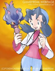 ambiguous_gender blue_eyes duo english_text female generation_2_pokemon human ken_sugimori mammal marina_(pokemon) misdreavus nintendo official_art pokemon pokemon_(species) red_eyes spirit text