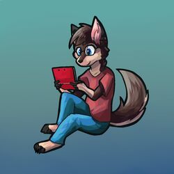 1:1 aliasing anthro barefoot biped blue_background blue_bottomwear blue_clothing blue_eyes bottomwear brown_body brown_fur canid canine canis clothed clothing countershading denim denim_bottomwear denim_clothing digital_media_(artwork) domestic_dog electronics eyewear feet fingerless_(marking) fully_clothed fur game_console gaming glasses hindpaw holding_object husky jeans klippy luca_(character) male mammal nintendo nintendo_3ds nintendo_ds nintendo_ds_family nordic_sled_dog pants paws playing_video_game red_clothing red_topwear shirt simple_background sitting smile solo spitz toeless_(marking) topwear